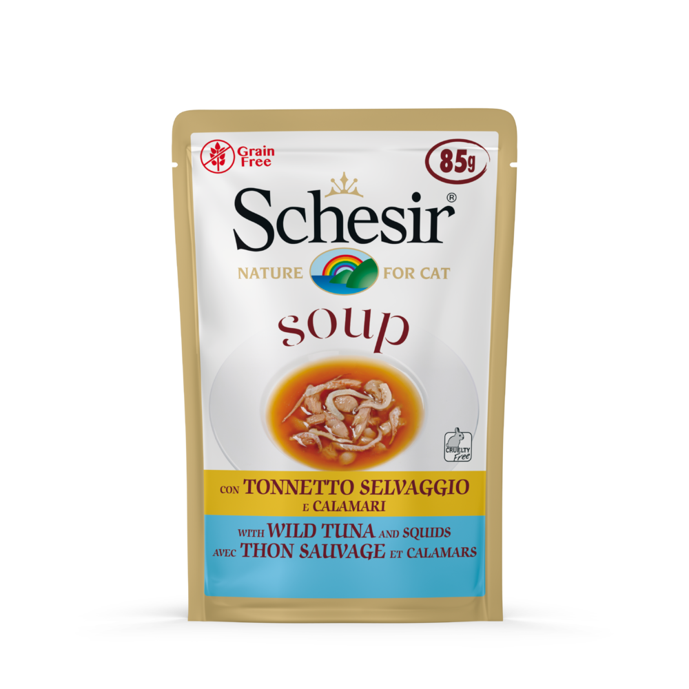 Schesir Cat Pouches in Soup With Wild Tuna and Squid Wet Cat Food 85g
